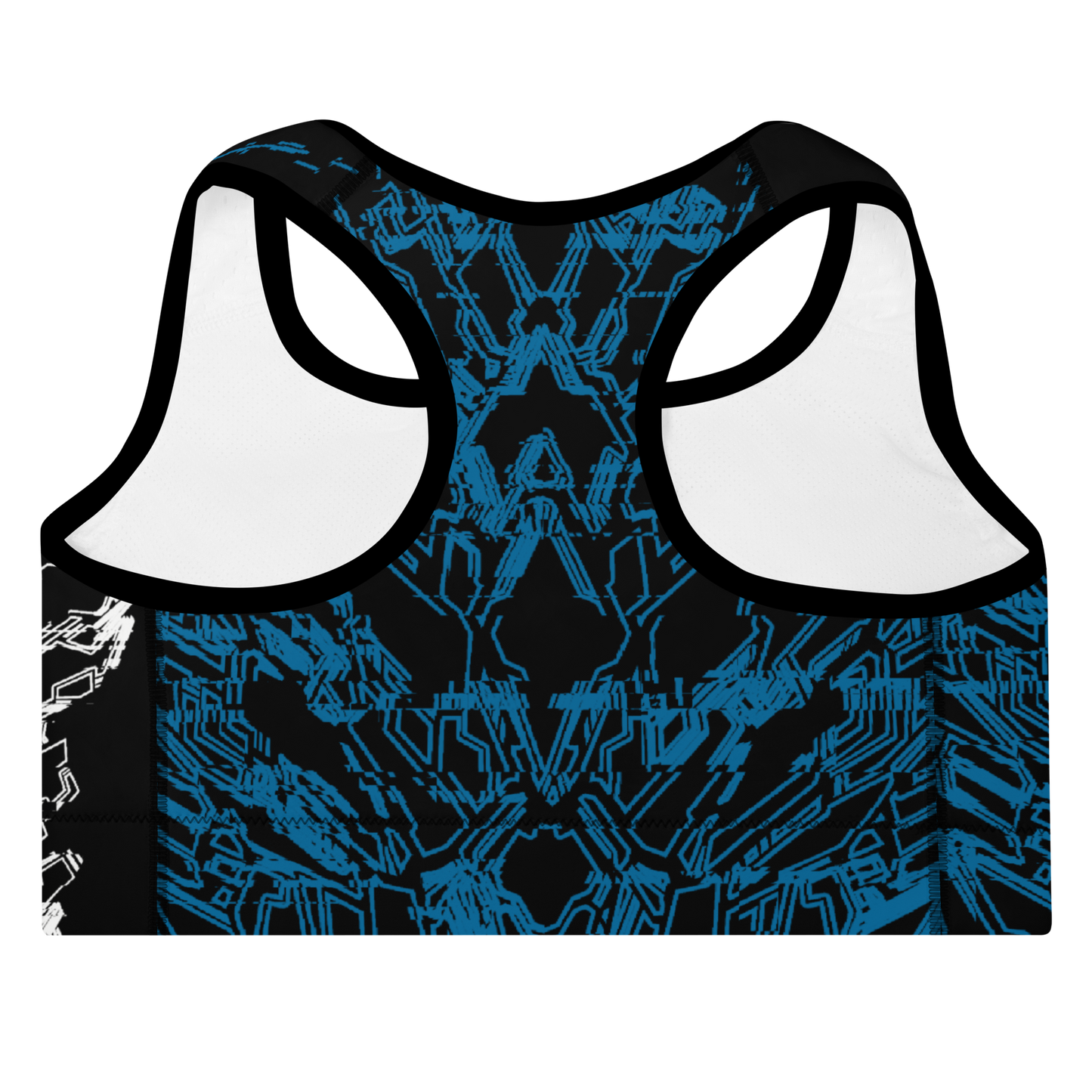 the back of a black sports bra with Xenedragon's blue geometric wireframe design of the generation three DRGNS in the back.
