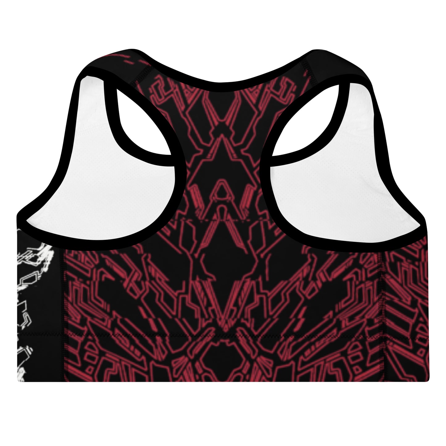 the back of a black sports bra with Xenedragon's red geometric wireframe design of the generation three DRGNS in the back.