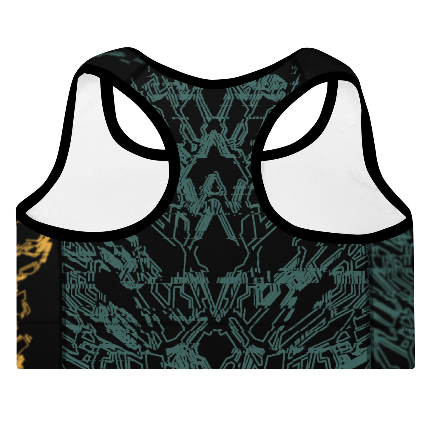 the back of a black sports bra with Xenedragon's green geometric wireframe design of the generation three DRGNS in the back.