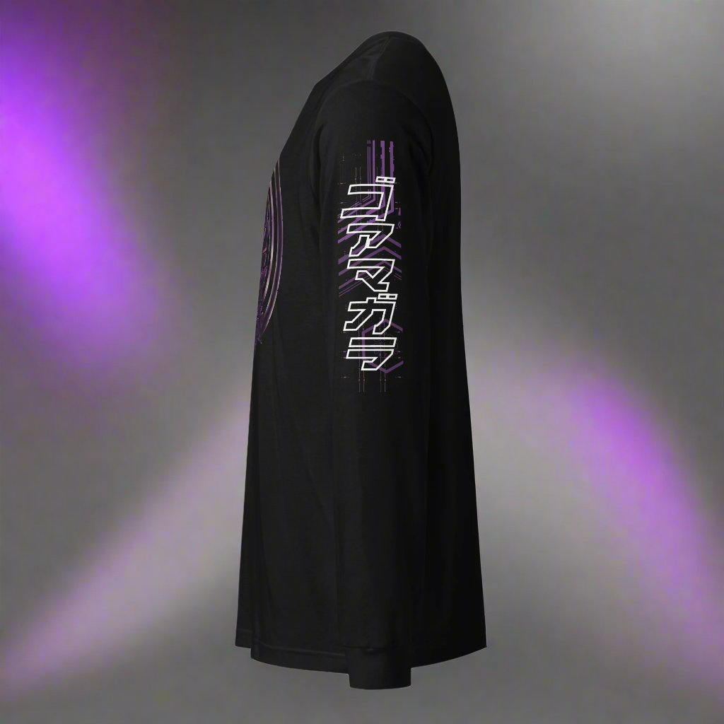 A black long-sleeve shirt with the Left sleeve showing purple geometric designs and Japanese text that says "ゴアマガラ"