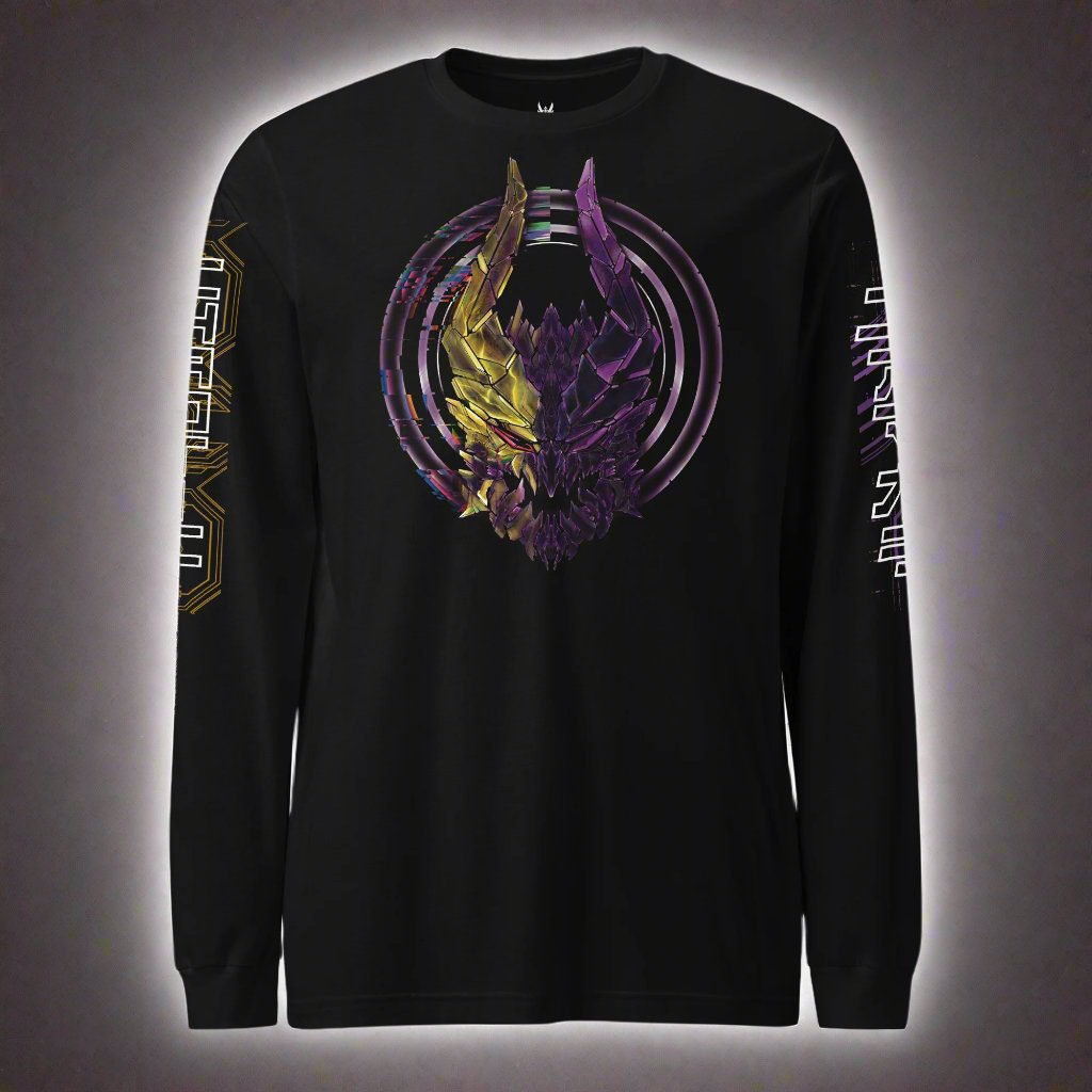 A black long-sleeved shirt with a design that features a stylized, two-toned dragon head with geometric patterns.