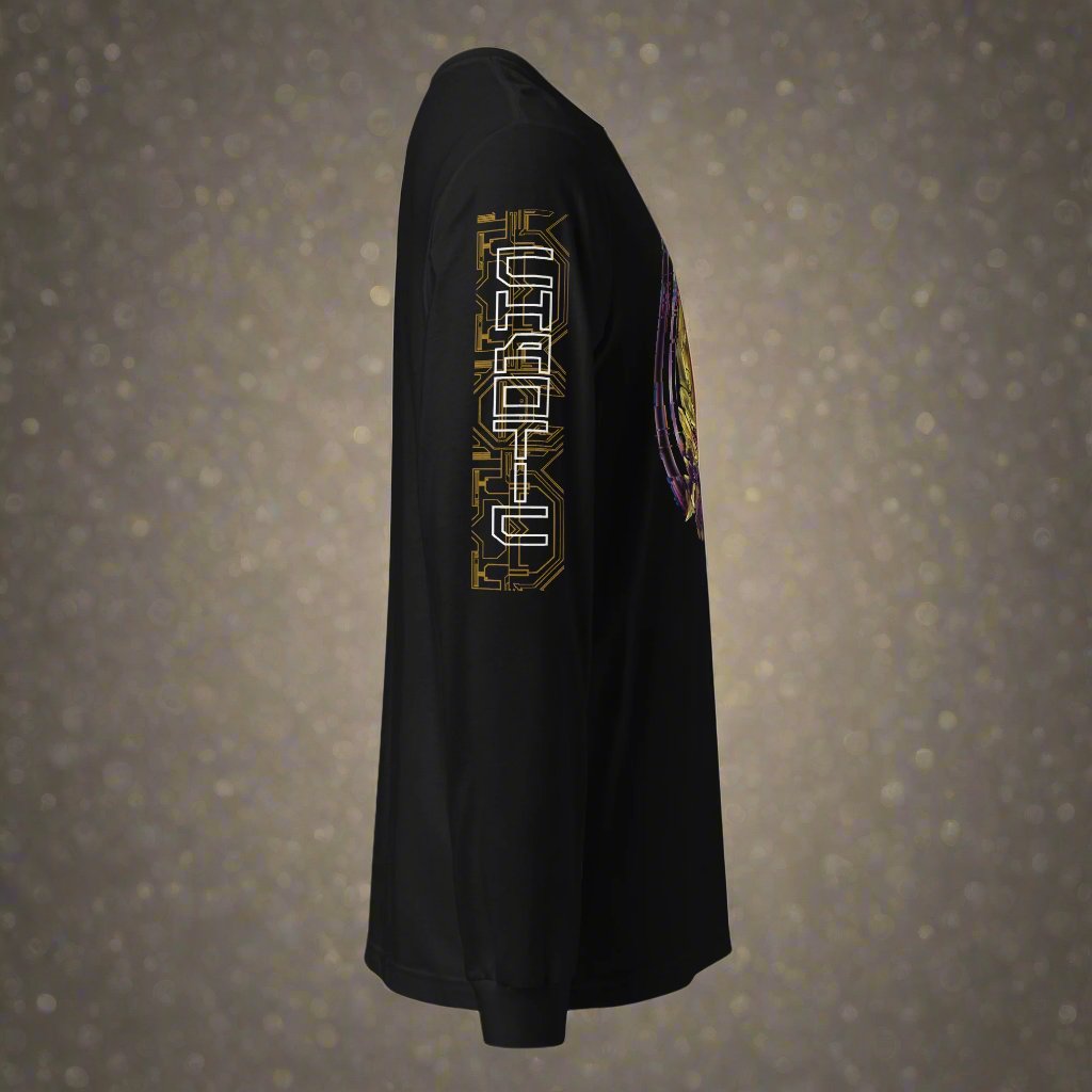A black long-sleeve shirt with the Right sleeve showing gold geometric designs and English text that says "CHAOTIC"