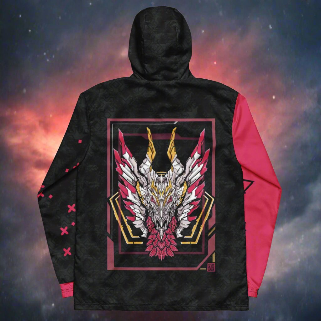 The back of a red and black hooded the jacket with a detailed digital illustration of a dragon's head in vibrant shades of pink, red, and yellow. The design is geometric with sharp, angular shapes in XeneDragon's art style.