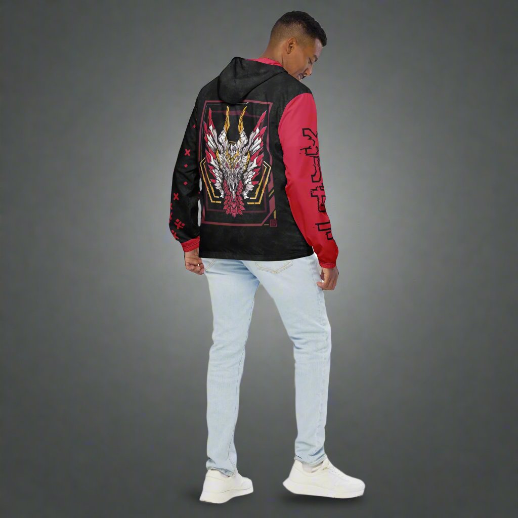 A model wearing the red and black hooded jacket showcasing the back design of the jacket.