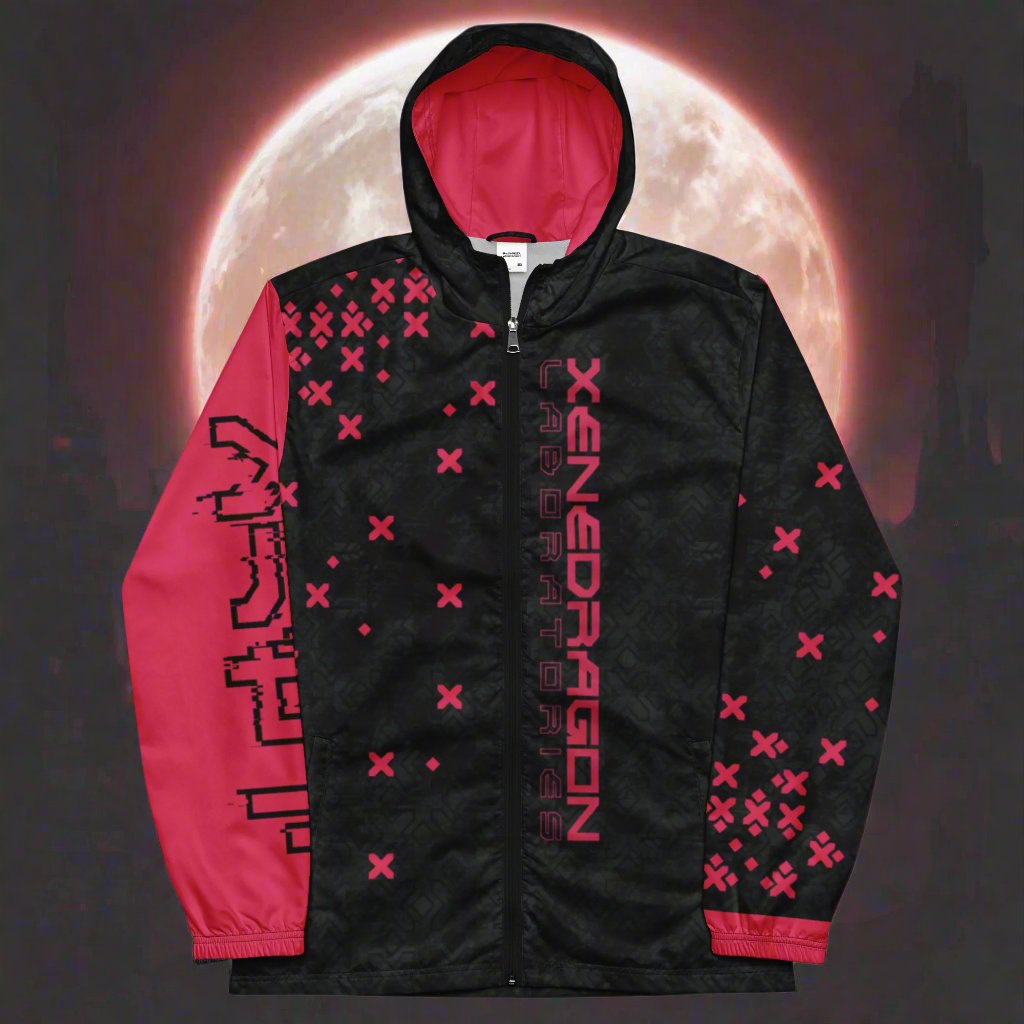 A red and black hooded jacket with a zipper. The jacket has a pixelated design and the text "XENEDRAGON LABORATORIES" printed on it. The left sleeve of the jacket is red.