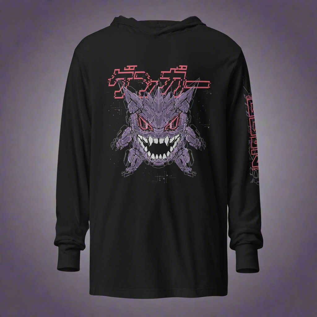 A black shirt with a hoodie featuring a stylized design of purple creature with red eyes and sharp teeth with pixelated effect. The red Japanese text says "ゲンガー"