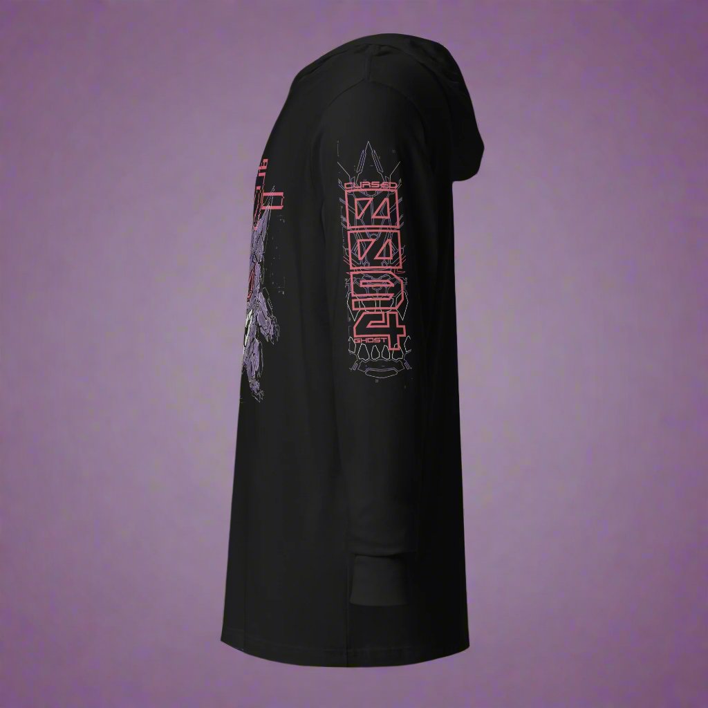 A black shirt with a hoodie featuring a purple geometric design with the words "CURSED GHOST" and number "0094" in red font on the left sleeve.