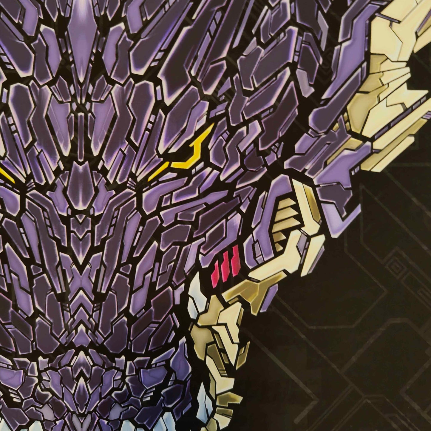 A close up of the detailed digital illustration of a dragon head in shades of purple and black in XeneDragon's signature art style.