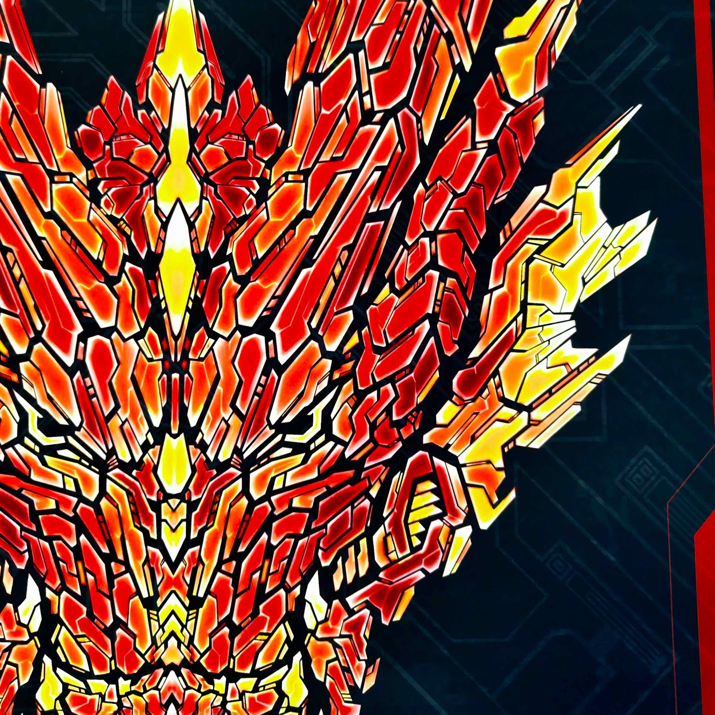 A close up of the detailed digital illustration of a dragon head with asymmetric horns in glowing shades of red, orange, and yellow in XeneDragon's signature art style.