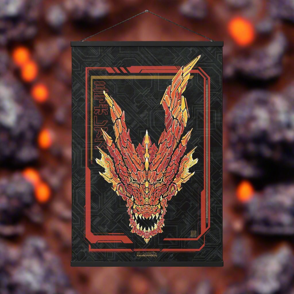 A poster featuring a detailed digital illustration of a dragon head with asymmetric horns in glowing shades of red, orange, and yellow in XeneDragon's signature art style. The dragon's face is framed by a red and yellow rectangular border with circuit-like patterns and Japanese text.