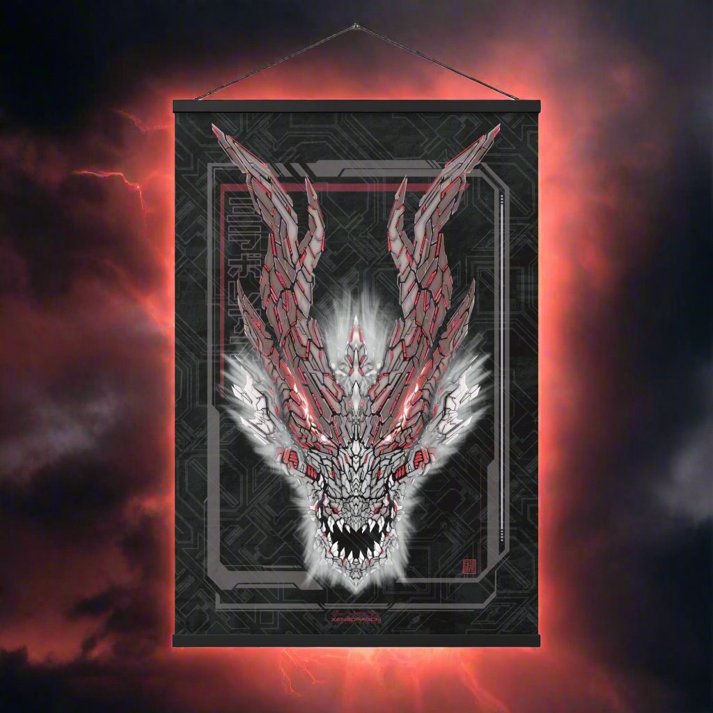 A poster featuring a detailed digital illustration of a dragon head in shades of white and glowing red accents in XeneDragon's signature art style. The dragon's face is framed by a grey and red rectangular border with circuit-like patterns and Japanese text.