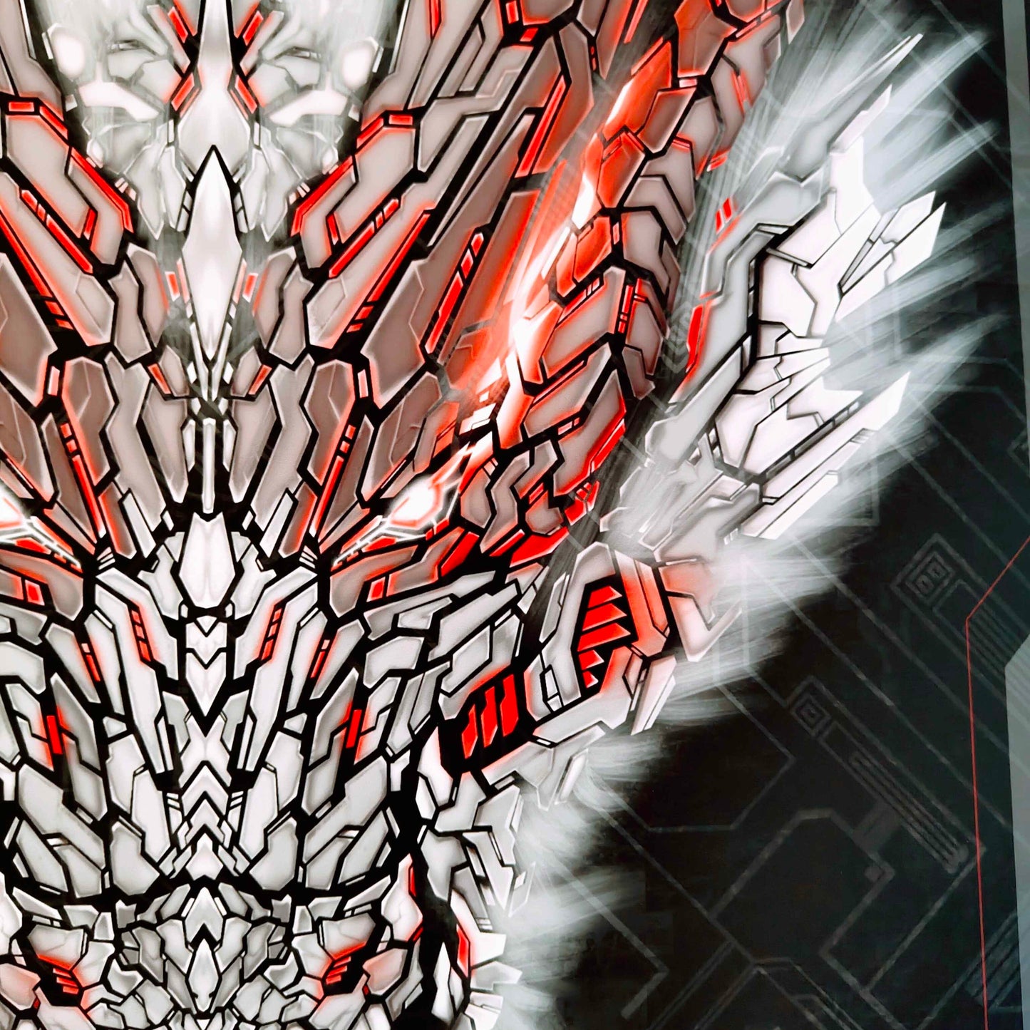 A close up if the detailed digital illustration of a dragon head in shades of white and glowing red accents in XeneDragon's signature art style.