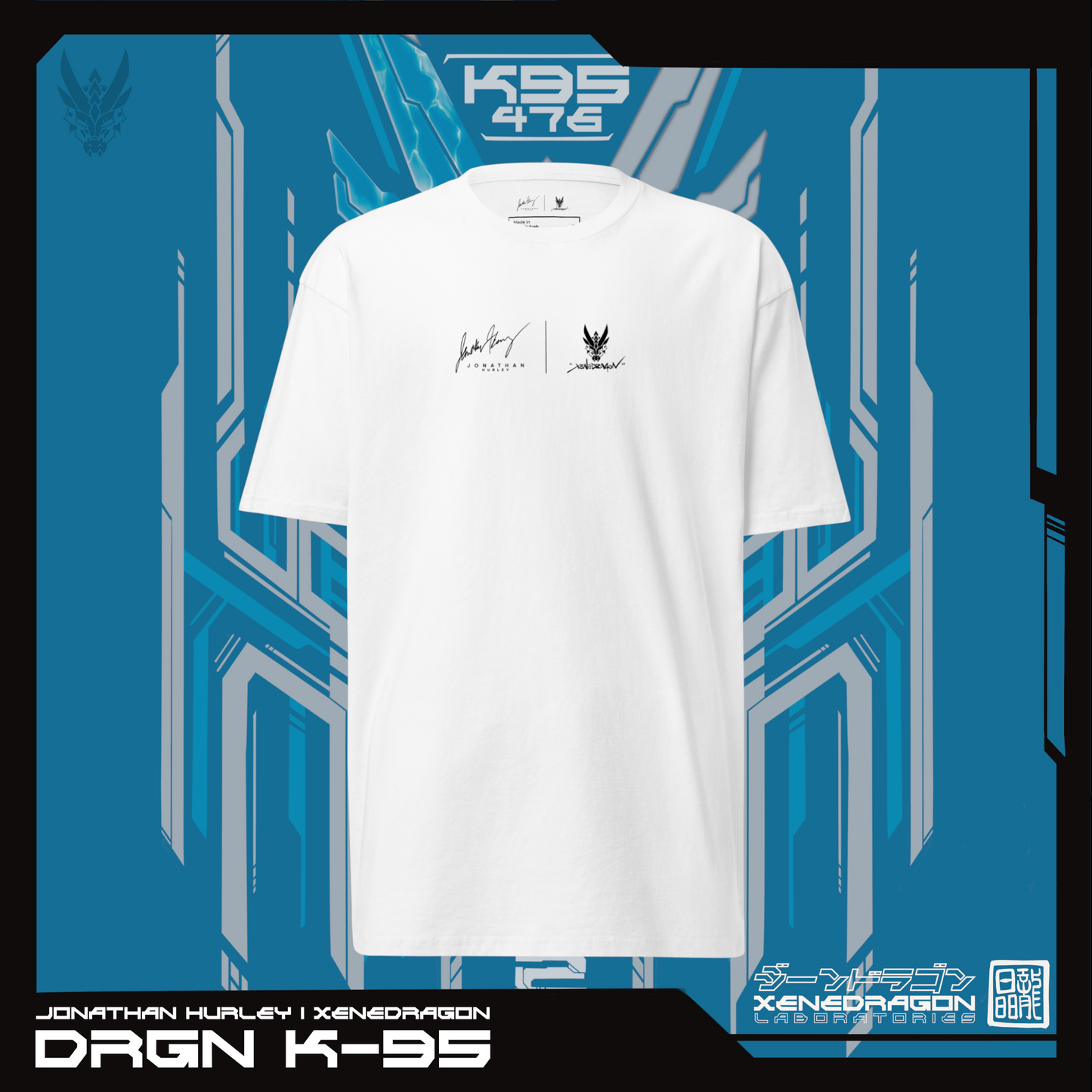 A white t-shirt of a logo that shows a signature of the talented guitarist Jonathan Hurley and the XeneDragon Logo