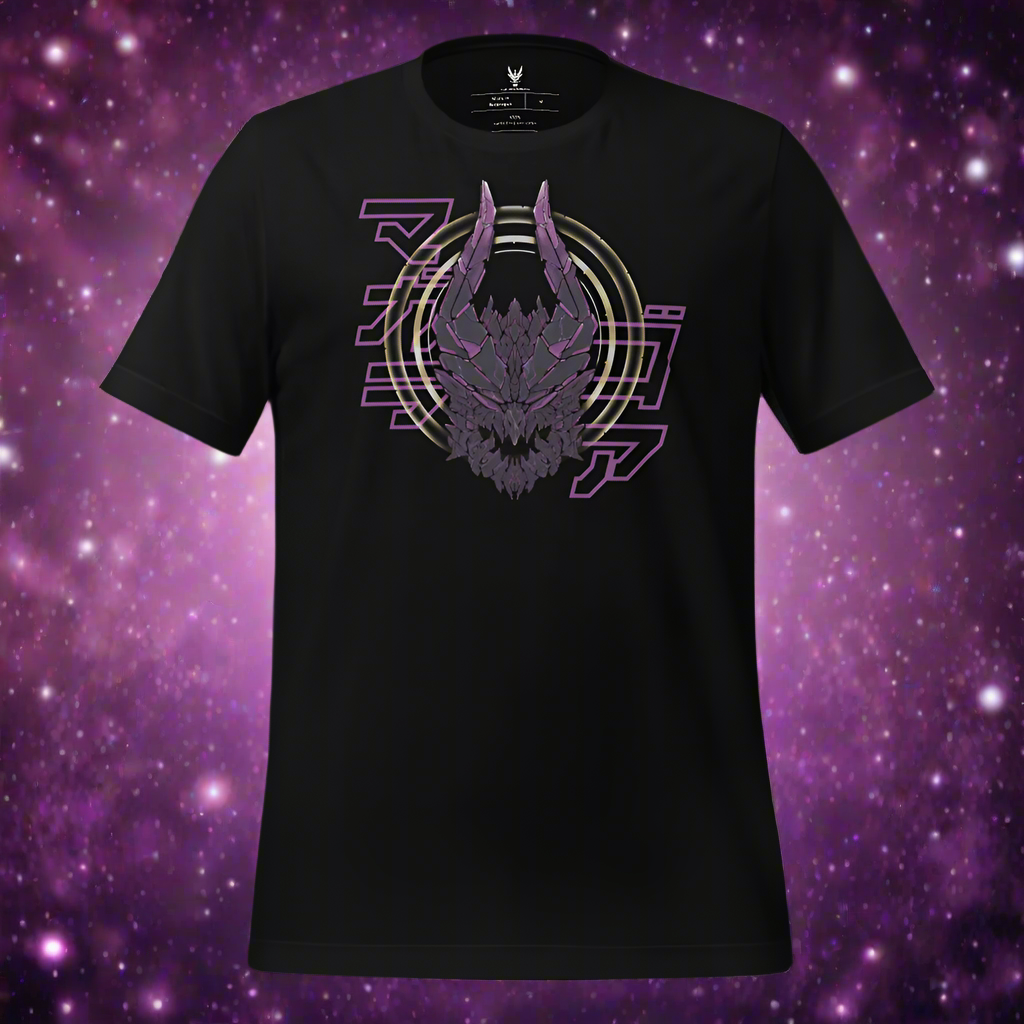 A black t-shirt of a purple dragon head in front of golden eclipse rings. With Japanese text that says "ゴアマガラ" in the background.