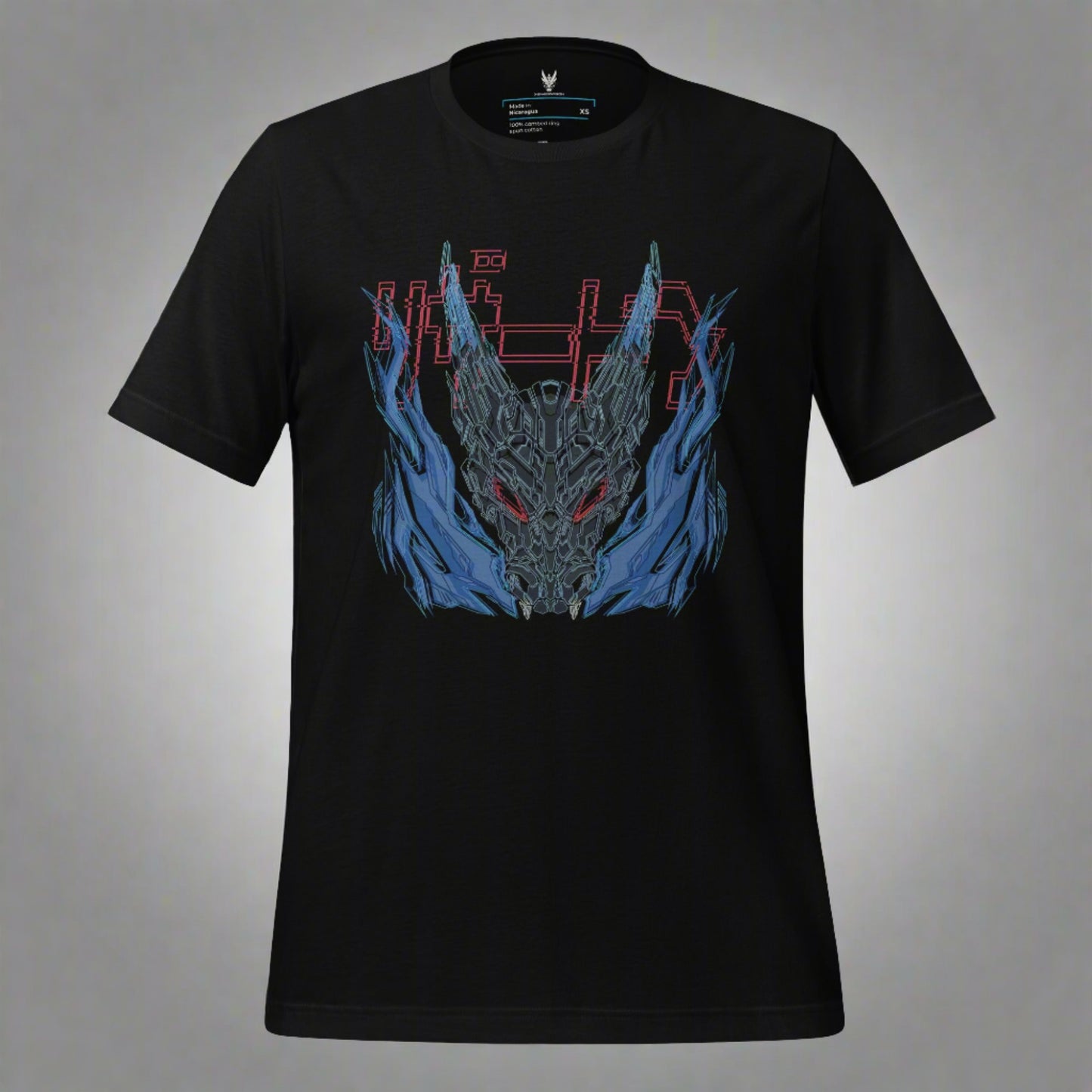 a black shirt that features a black dragon with blue flames on the front of the shirt with glitching digital effect in XeneDragon's signature Wireframe style. The design features a glitched digital effect of the Japanese text that says "リザードン"
