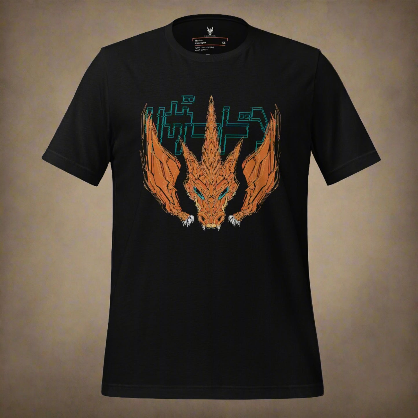 a black shirt that features an orange yellow dragon with wings on the front of the shirt with glitching digital effect in XeneDragon's signature Wireframe style. The design features a glitched digital effect of the Japanese text that says "リザードン"