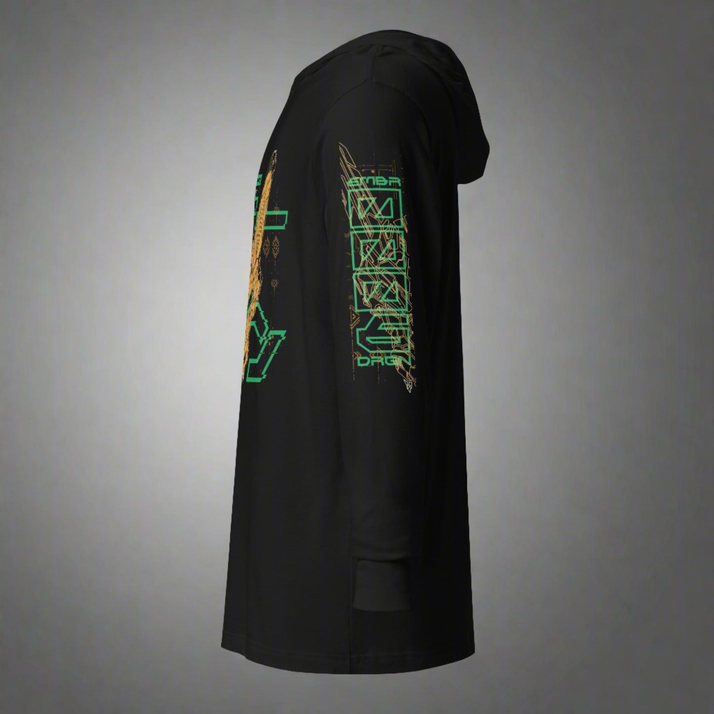 A black shirt with a hoodie featuring a yellow orange geometric design with the words "EMBR DRGN" and number "0006" in green font on the left sleeve.