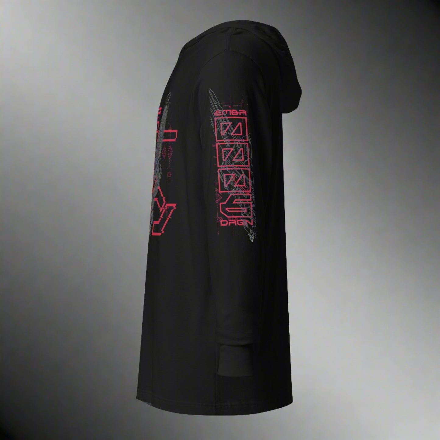 A black shirt with a hoodie featuring a black geometric design with the words "EMBR DRGN" and number "0006" in red font on the left sleeve.