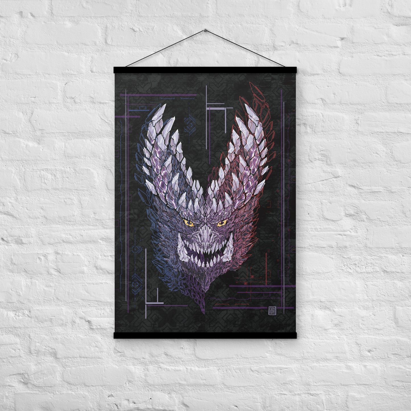 A poster hanging on a wall, featuring a digital illustration of a monstrous, crystal-like dragon face with glowing yellow eyes. The face is dark purple and black with sharp, crystalline protrusions with red and blue outlines in XeneDragon's art style. A grid pattern and geometric shapes are visible in the background.