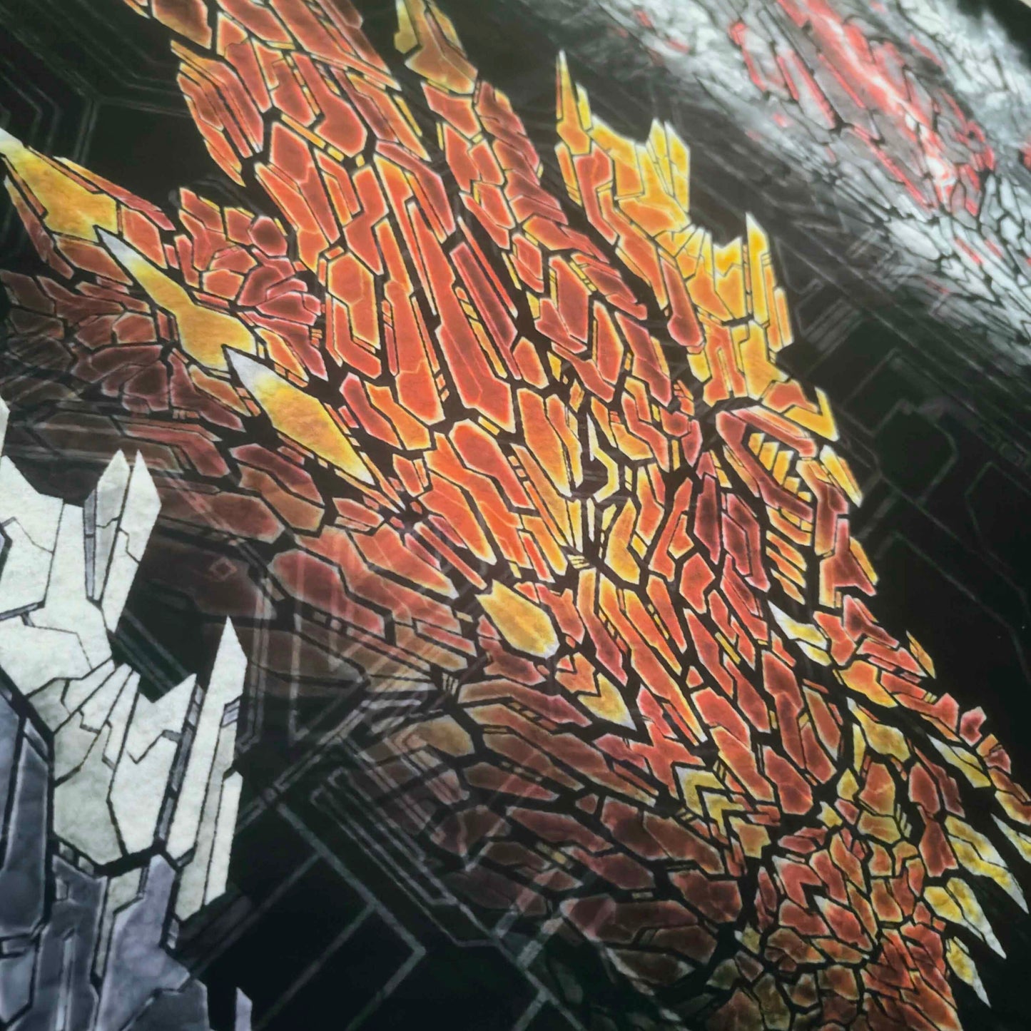 a close up detail of half a dragon head in shades of glowing red, orange, and yellow in XeneDragon's signature art style.