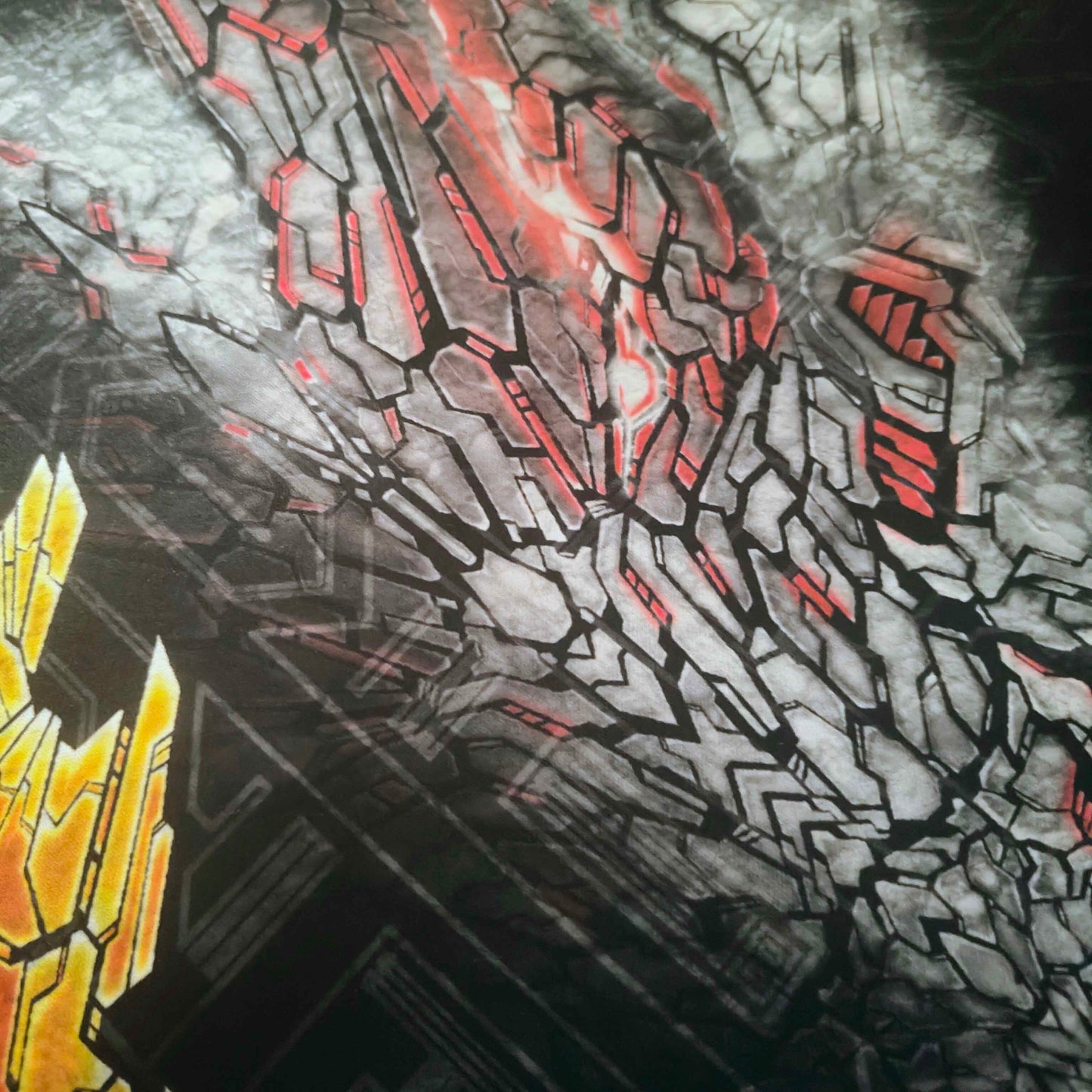 a close up detail of half a dragon head in shades of white and glowing red accents in XeneDragon's signature art style.