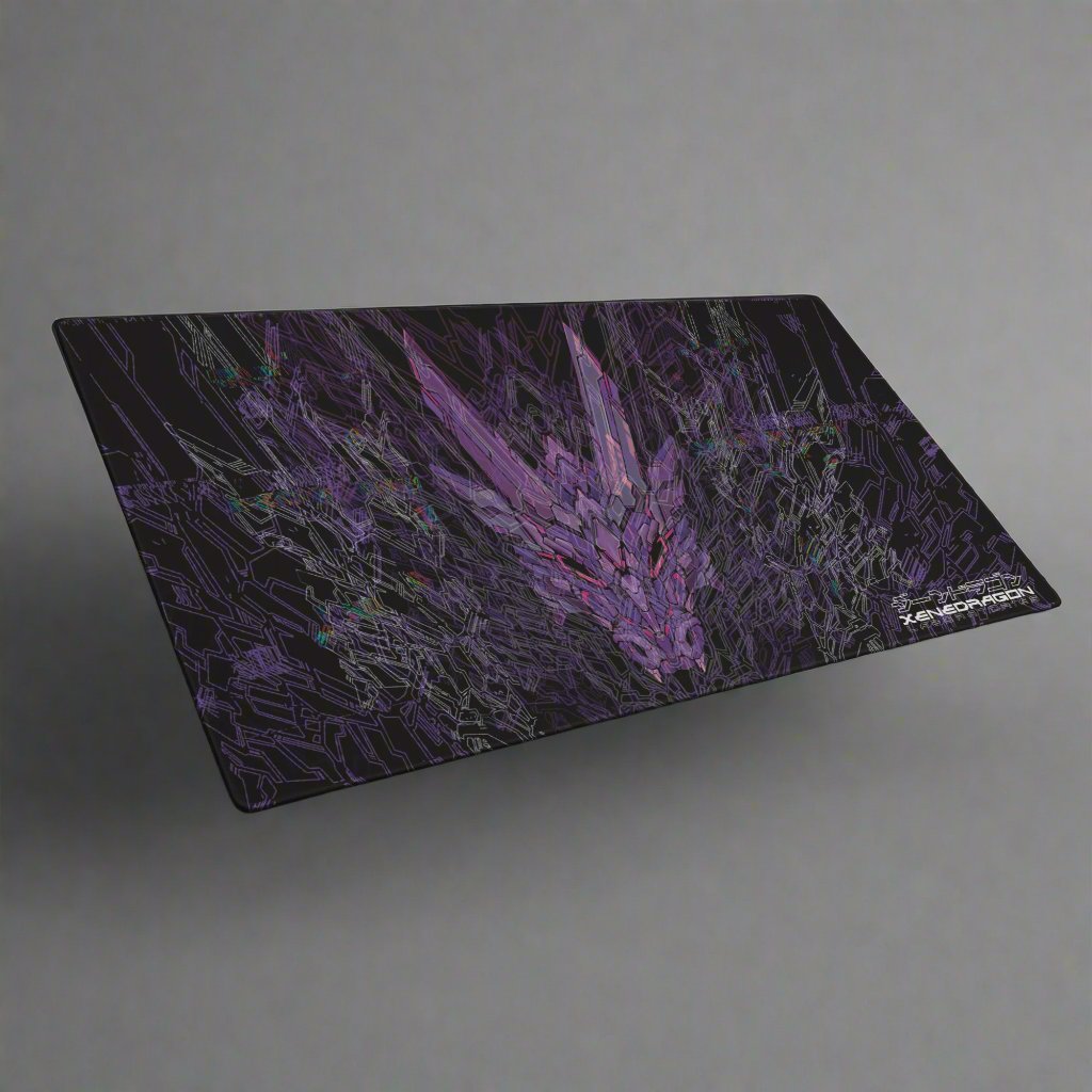 A black mousepad with a large, detailed illustration of a dragon's head in shades of purple. and wireframe design. The word "XENEDRAGON LABORATORIES" is written in small font at the bottom of the mousepad.