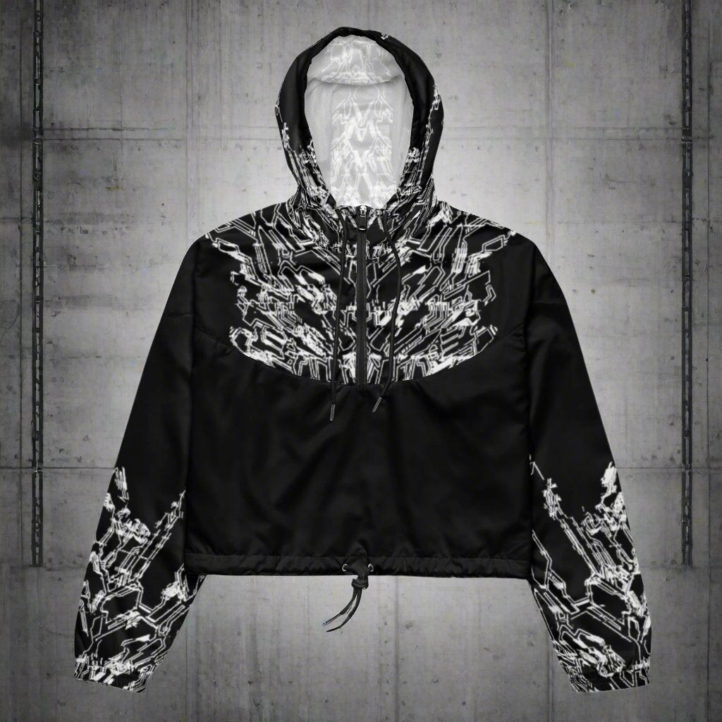 A black cropped jacket with XeneDragon's white geometric pattern design. The jacket has a hood and long sleeves.
