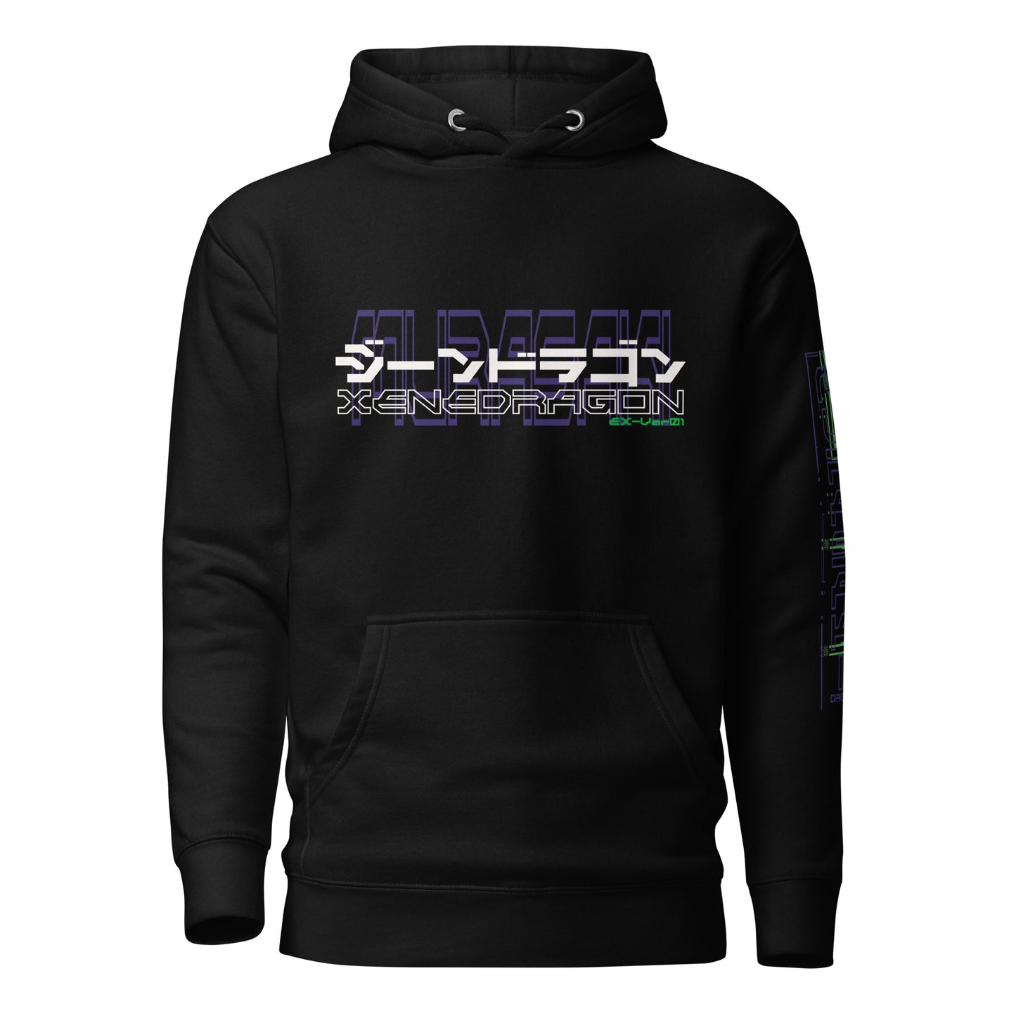 A black hoodie with a graphic design on the front. The design features the words "ジーンドラゴン" and "XENEDRAGON" in a stylized font. The design also features the word "MURASAKI" in purple and "EX-Var01" in neon green.