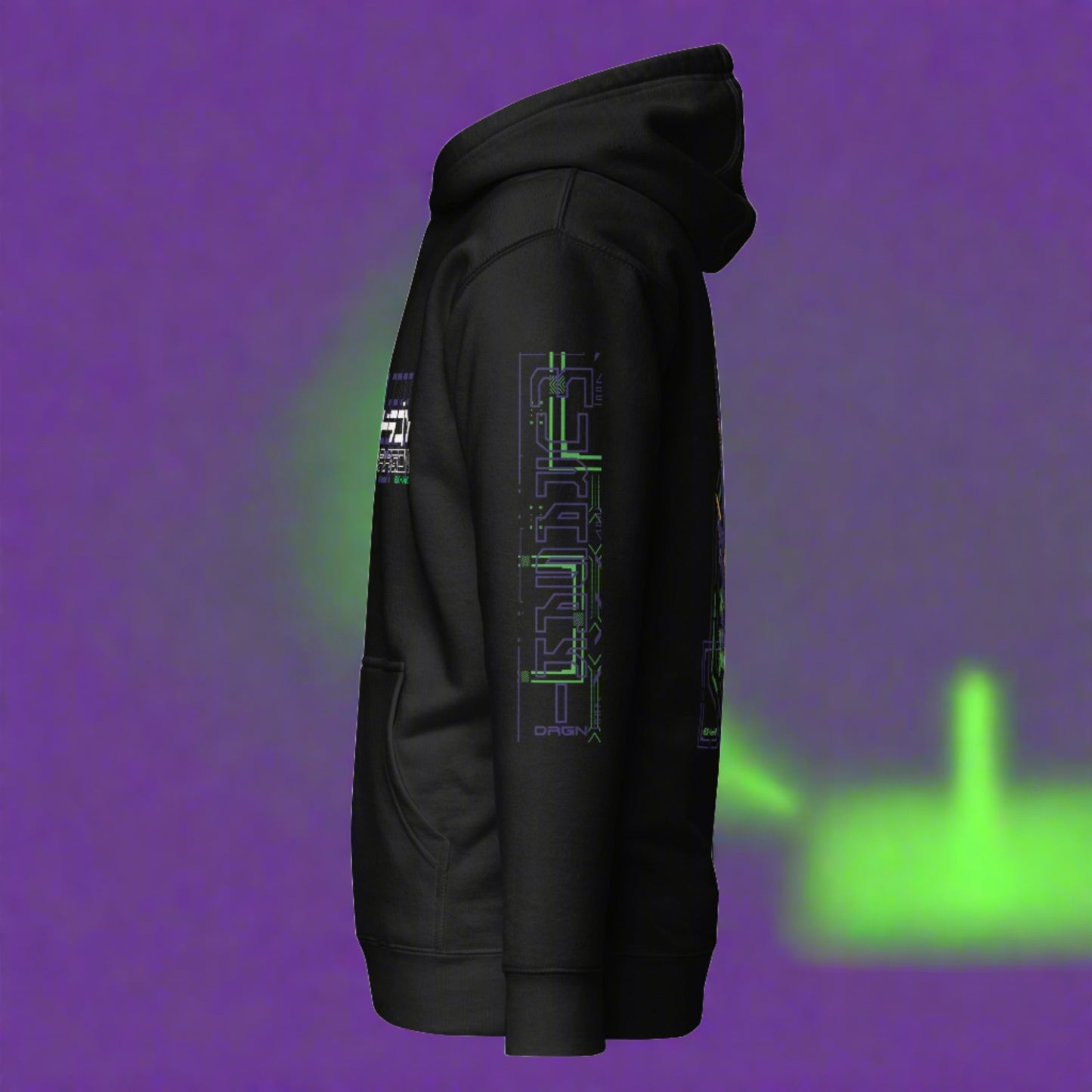 A black hoodie with a large, detailed purple and neon green design on the sleeve. The text says "MURASAKI" on the left sleeve. Designed by XeneDragon.