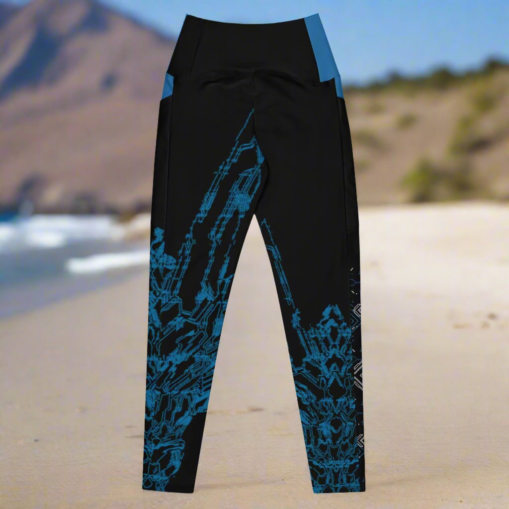 The back of the pair of black leggings with blue accents and geometric pattern design based on XeneDragon's generation three DRGN.