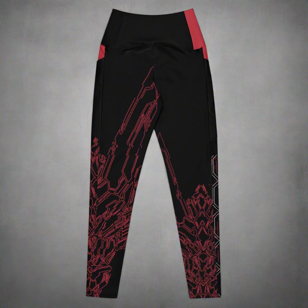 The back of the pair of black leggings with red accents and geometric pattern design based on XeneDragon's generation three DRGN.