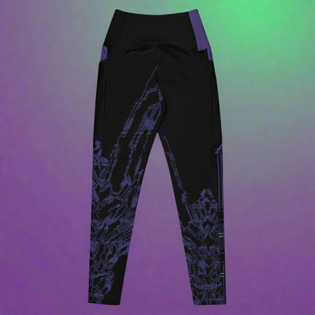 The back of the pair of black leggings with purple accents and geometric pattern design based on XeneDragon's generation three DRGN.