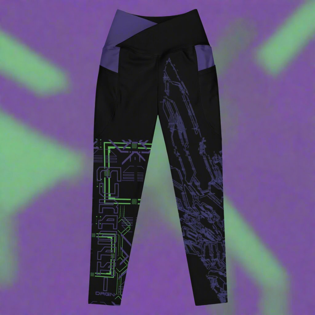 A pair of black leggings with purple accents and a purple and neon green geometric pattern design based on XeneDragon's generation three DRGN. The leggings have pockets and the word "MURASAKI" is written on one leg.