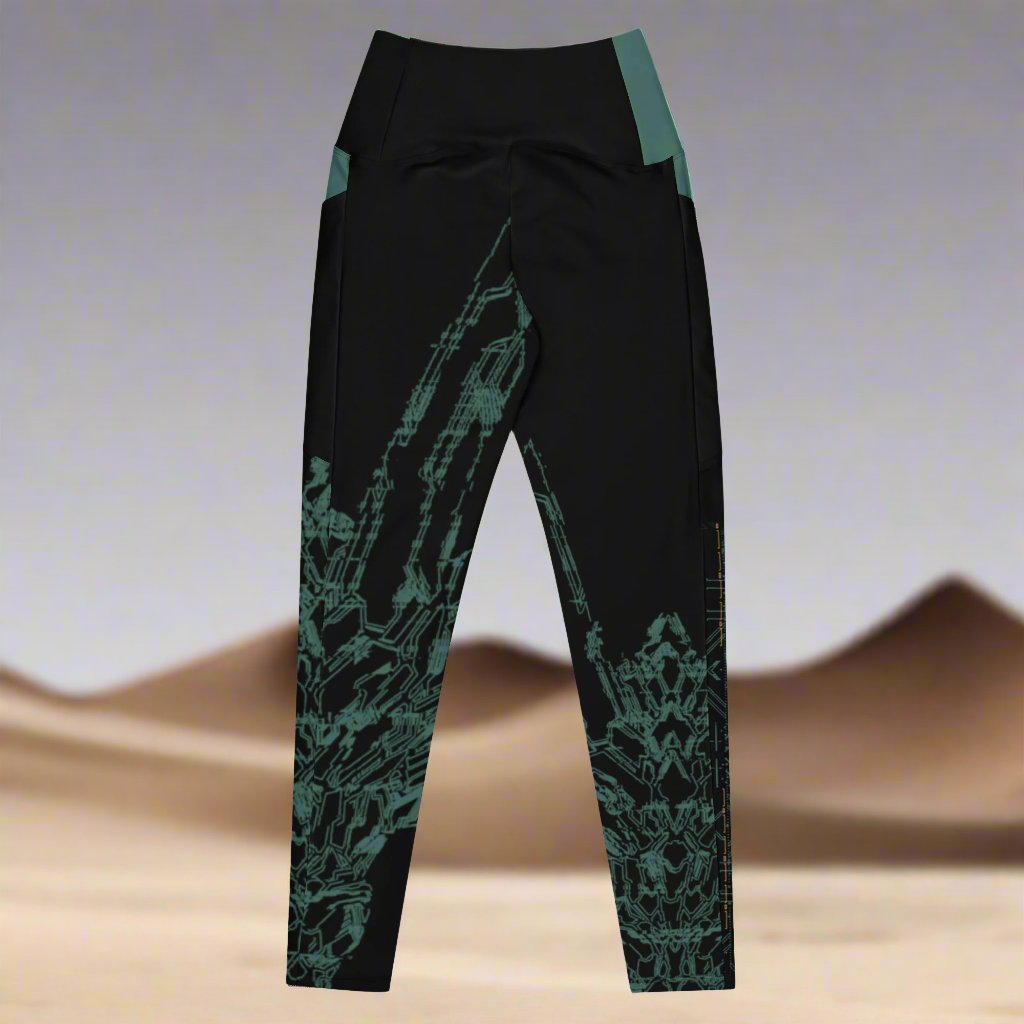 The back of the pair of black leggings with green accents and geometric pattern design based on XeneDragon's generation three DRGN.