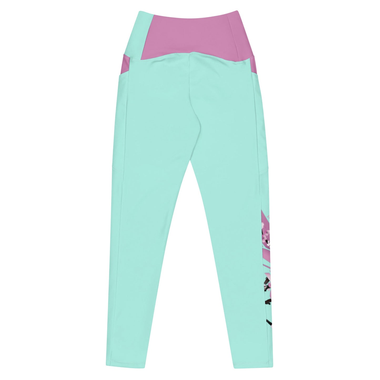 A pair of light teal leggings with a pink waistband and pockets. This picture shows the back of the design of the leggings.