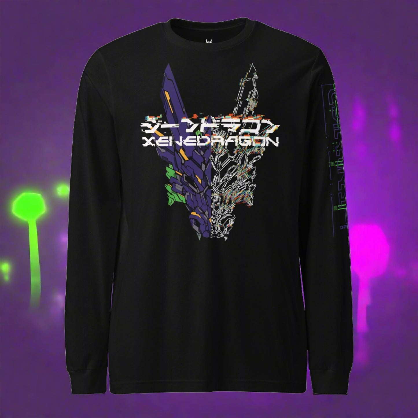 A black long sleeve shirt with a purple and neon green detailed design in XeneDragon's Glitched-Out style. Featuring a mecha dragon with Japanese text and text says "XeneDragon."