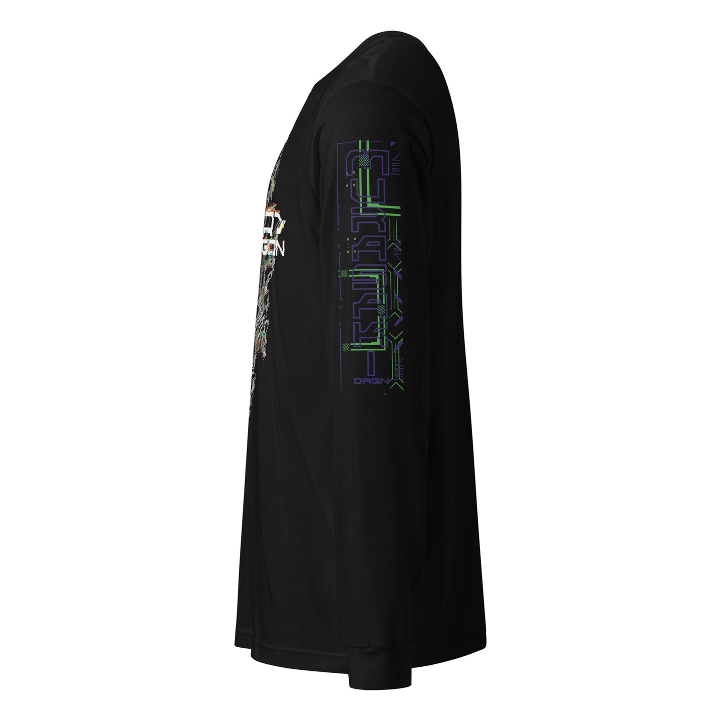 A black long sleeve shirt with a large, detailed purple and neon green design on the sleeve. The text says "MURASAKI" on the left sleeve. Designed by XeneDragon.