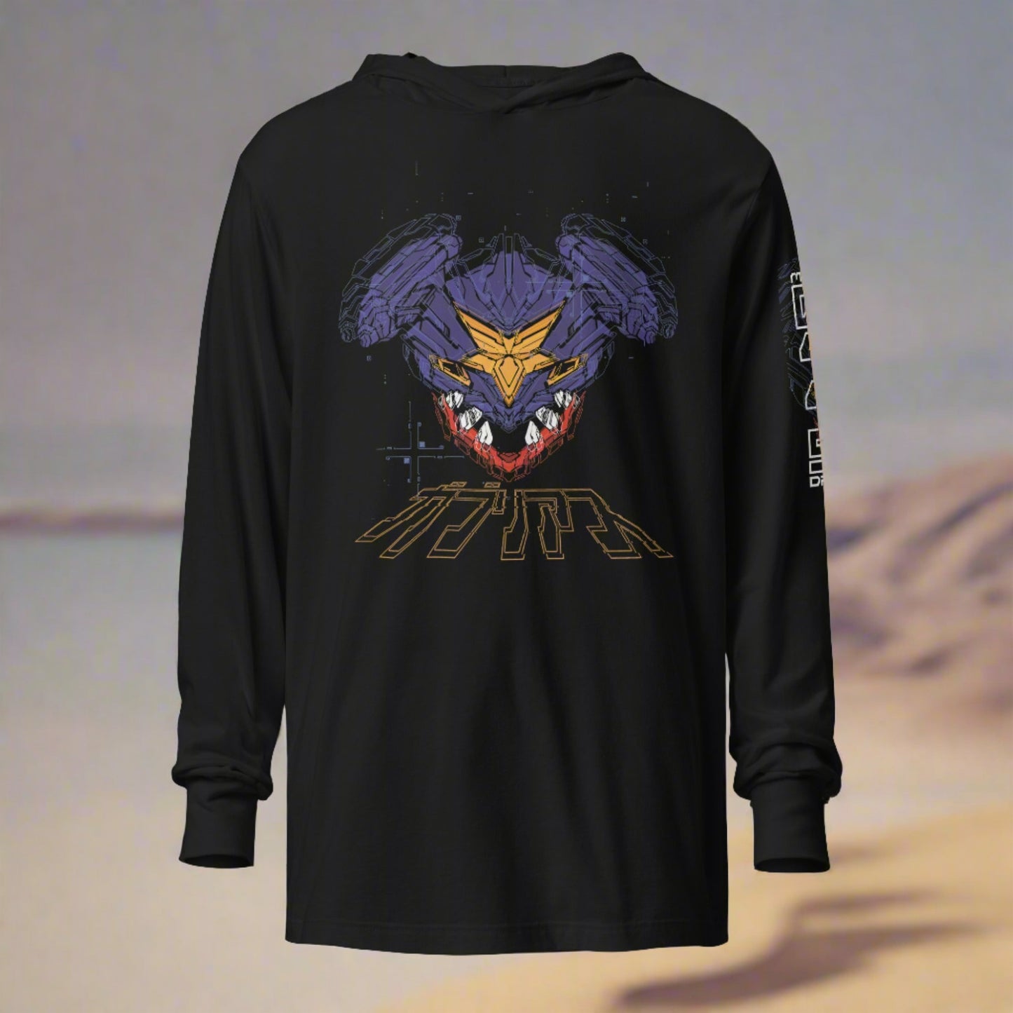 A black shirt with a hoodie featuring a stylized design of purple creature yellow and red accents with pixelated effect. The red Japanese text says "ガブリアス"