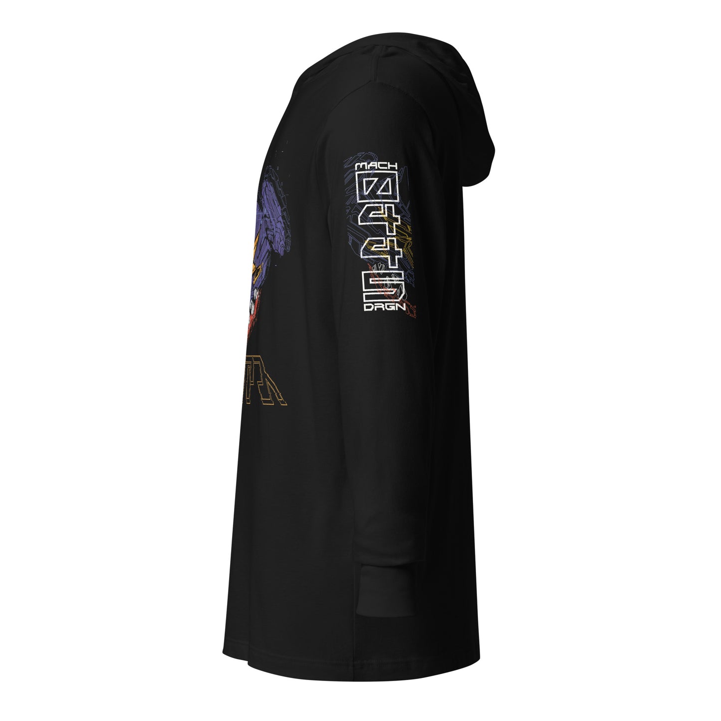 A black shirt with a hoodie featuring a purple geometric design with the words "MACH DRGN" and number "0446" in white font on the left sleeve.