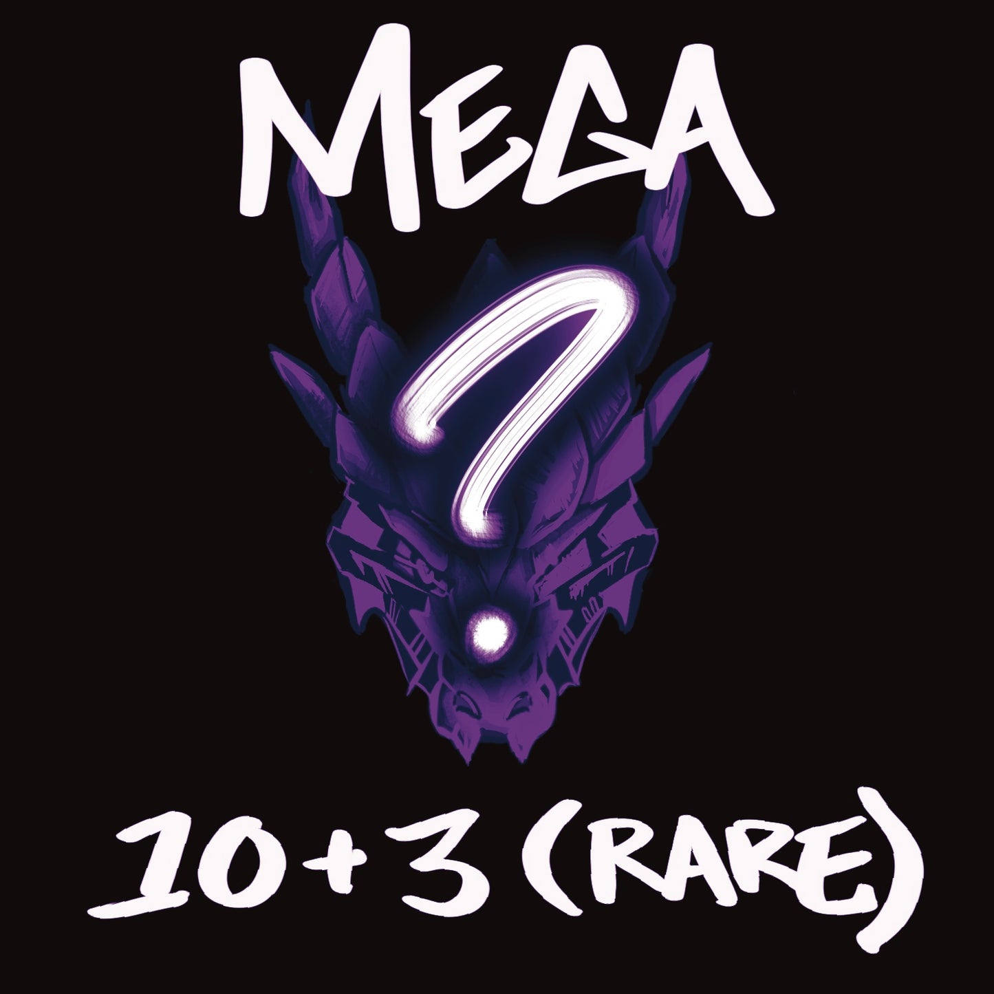 A black image with the word "MEGA" written at the top. Below it is a stylized dark purple dragon head with a question mark inside it. The text "10+3 (RARE)" is written at the bottom.