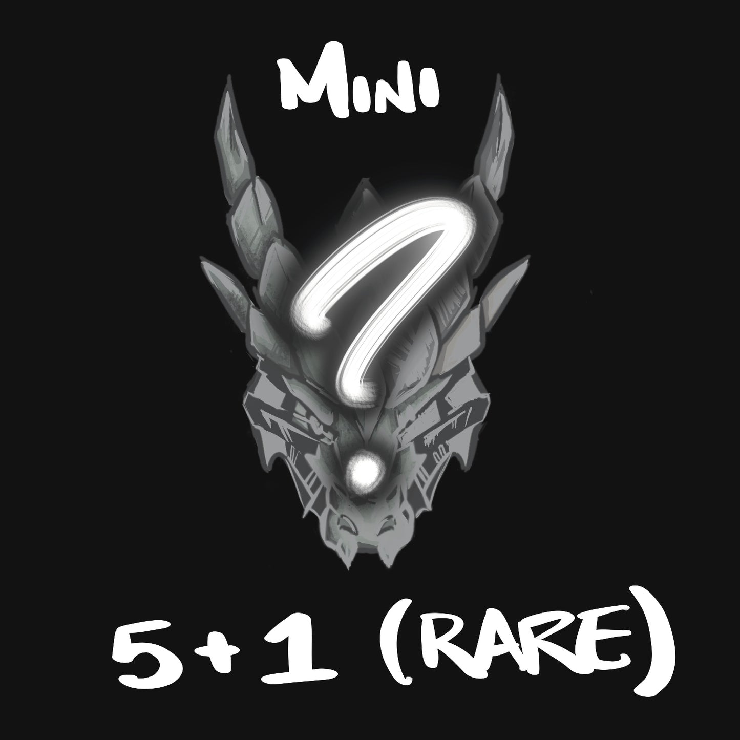 A black image with the word "MINI" written at the top. Below it is a stylized dragon head with a question mark inside it. The text "5+1 (RARE)" is written at the bottom.