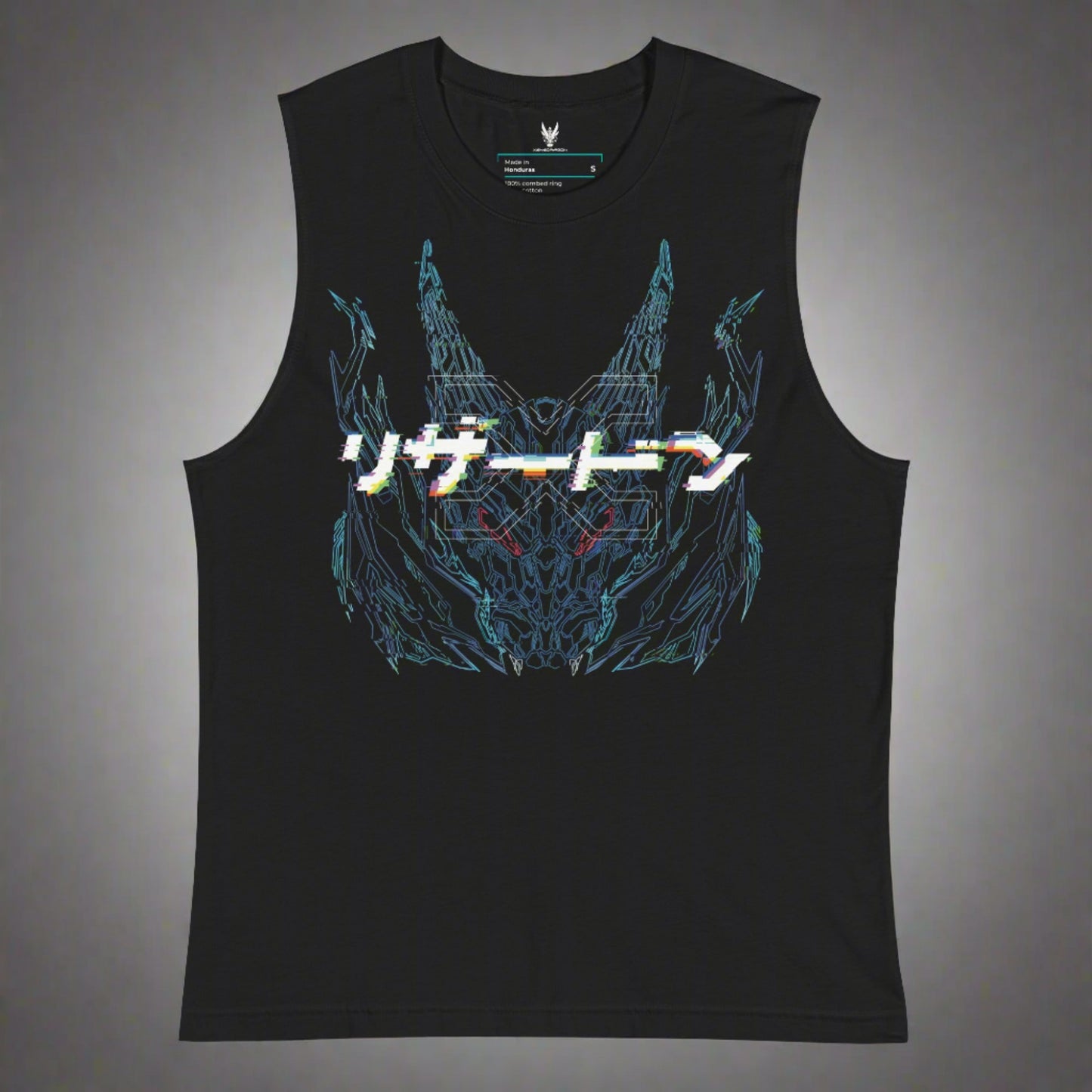 a black sleeveless shirt that features a blue dragon head graphic design on the front of the shirt with glitching digital effect in XeneDragon's signature Wireframe style. The design features a glitched digital effect of the Japanese text that says "リザードン" with a hidden letter "X" over the dragon head