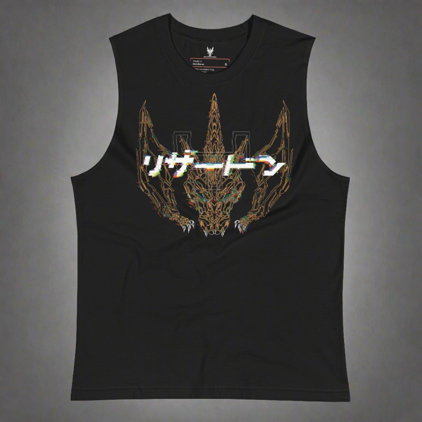 a black sleeveless shirt that features an orange dragon head and wings graphic design on the front of the shirt with glitching digital effect in XeneDragon's signature wireframe style. The design features a glitched digital effect of the Japanese text that says "リザードン" with a hidden letter "Y" over the dragon.