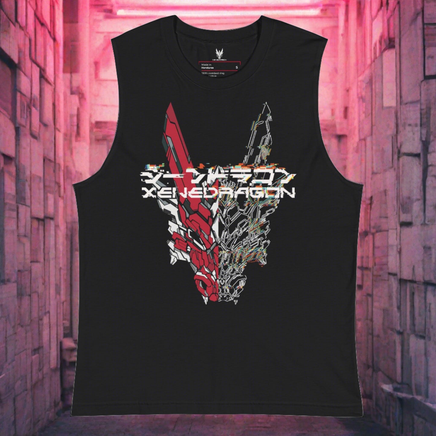 a black sleeveless shirt with a bright red and white detailed design in XeneDragon's Glitched-Out style. Featuring a mecha dragon with Japanese text and text says "XeneDragon."