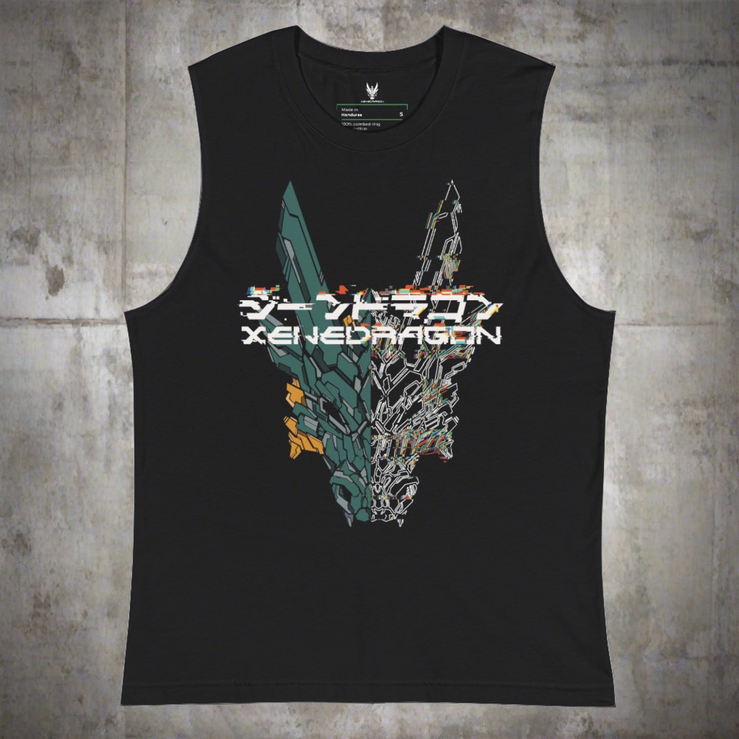 a black muscle tank with a green and white detailed design in XeneDragon's Glitched-Out style. Featuring a mecha dragon with Japanese text and text says "XeneDragon."