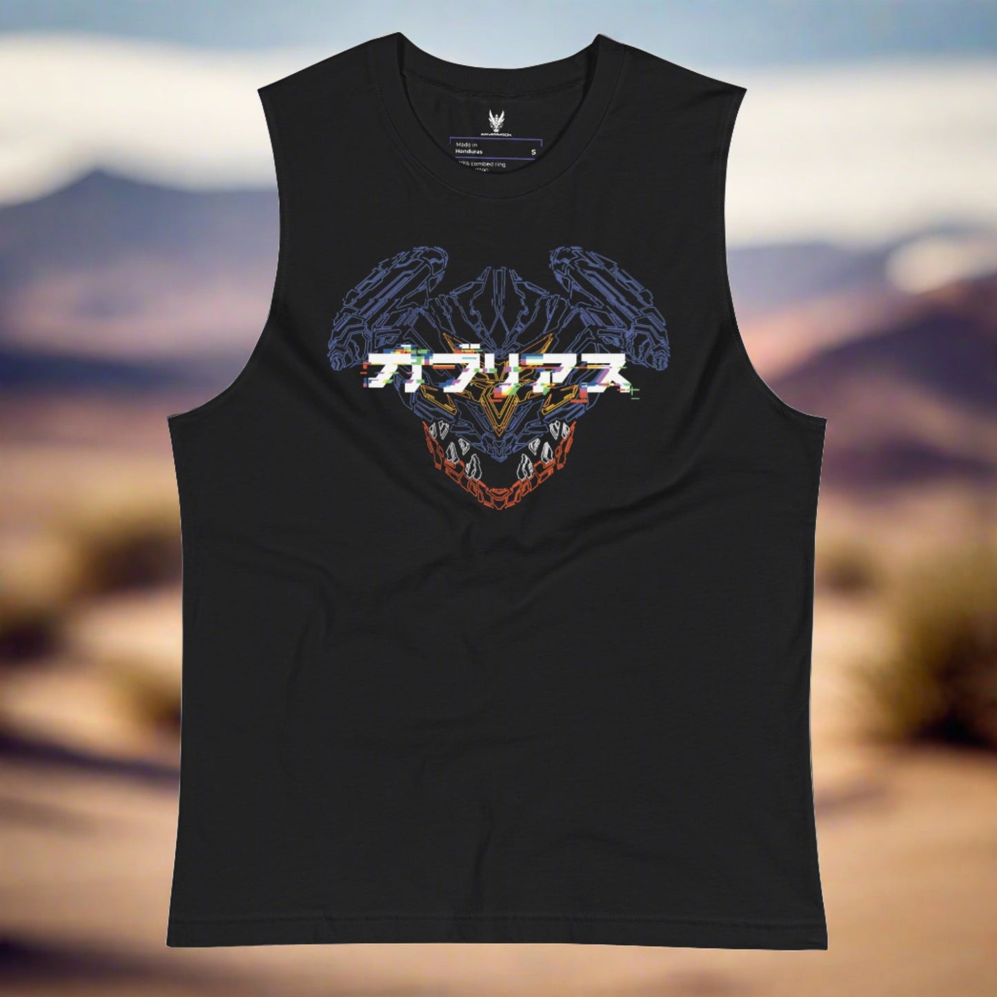 a black sleeveless shirt that features a dark blue and red hammerhead like dragon head graphic design on the front of the shirt with glitching digital effect in XeneDragon's signature Wireframe style. The design features a glitched digital effect of the Japanese text that says "ガブリアス"