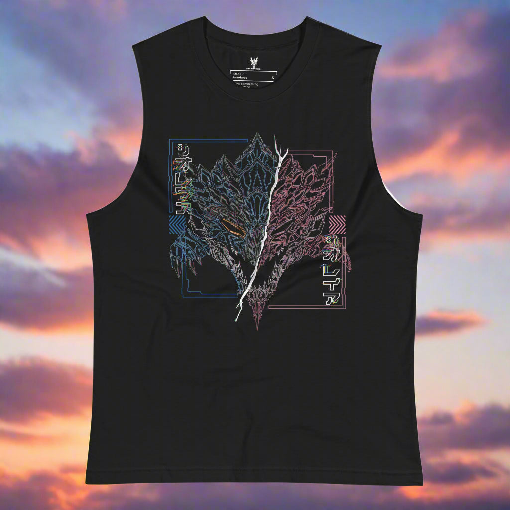 A black sleeveless shirt with a graphic design featuring two intertwined blue and pink dragon heads in Xene's Signature Wireframe. The text "リオレウス" and "リオレイア" is displayed in Japanese characters, referencing the names of the dragons.
