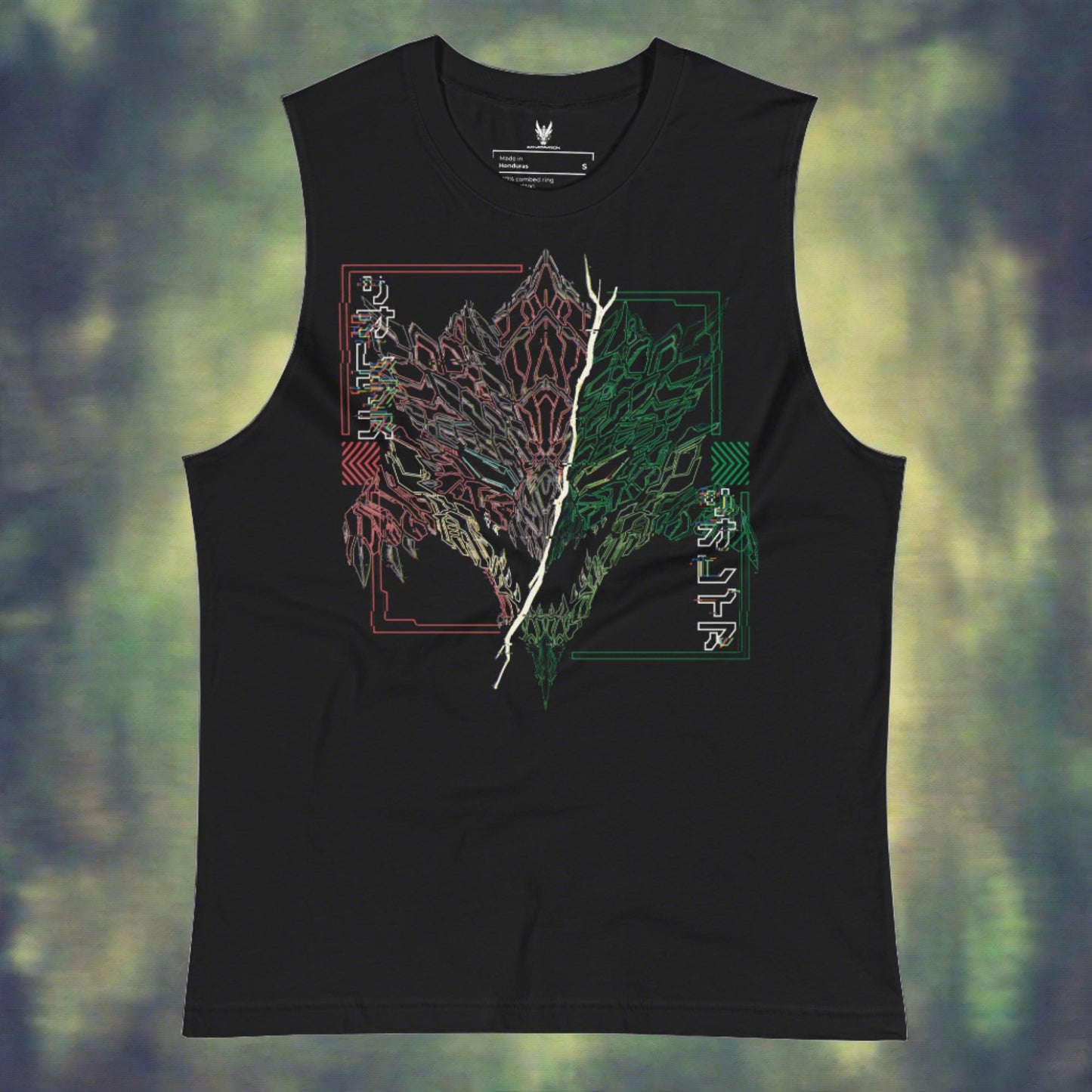 A black sleeveless shirt with a graphic design featuring two intertwined red and green dragon heads in Xene's Signature Wireframe. The text "リオレウス" and "リオレイア" is displayed in Japanese characters, referencing the names of the dragons.
