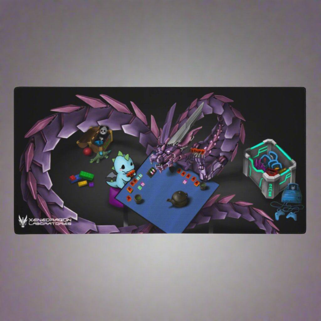 A mousepad with a whimsical illustration depicting a large, mechanical dragon playing a trading card game with Neon, a small colorful blue dragon. Designed by XeneDragon