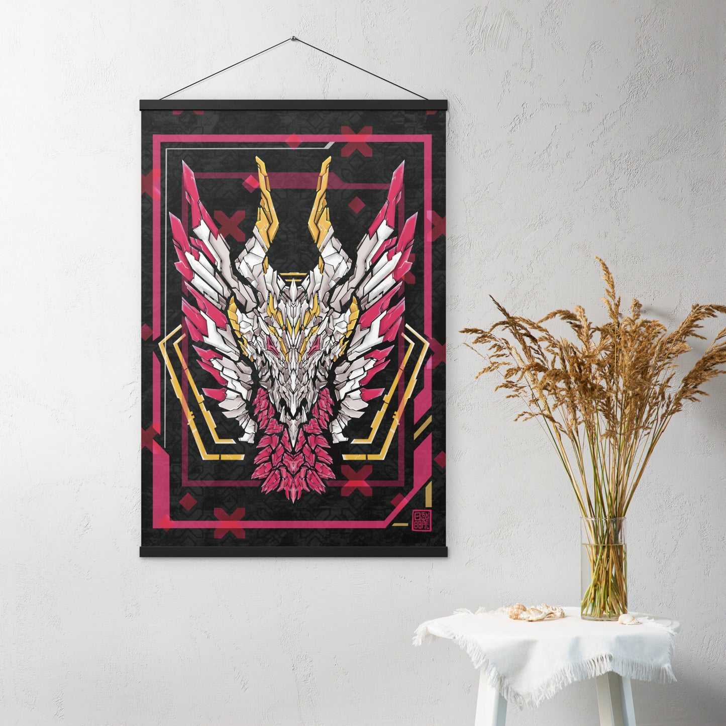 A wall hanging poster featuring a detailed digital illustration of a dragon's head in vibrant shades of pink, red, and yellow. The design is geometric with sharp, angular shapes in XeneDragon's art style.